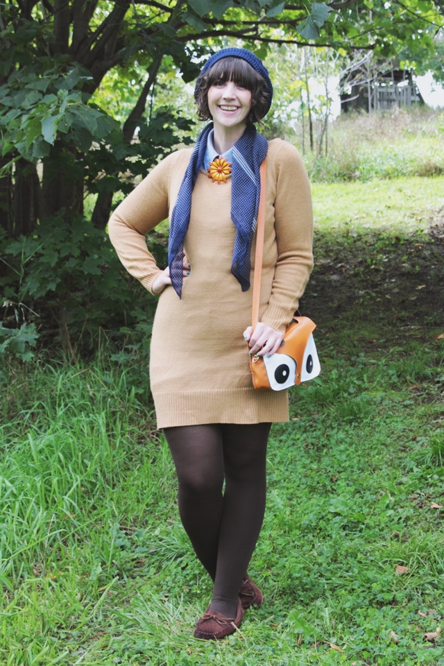 Outfit: Camel sweater dress, blue and orange accessories, fox purse. 14 Best Outfits of 2014 hannah rupp the outfit repeater thrifted fashion clothes