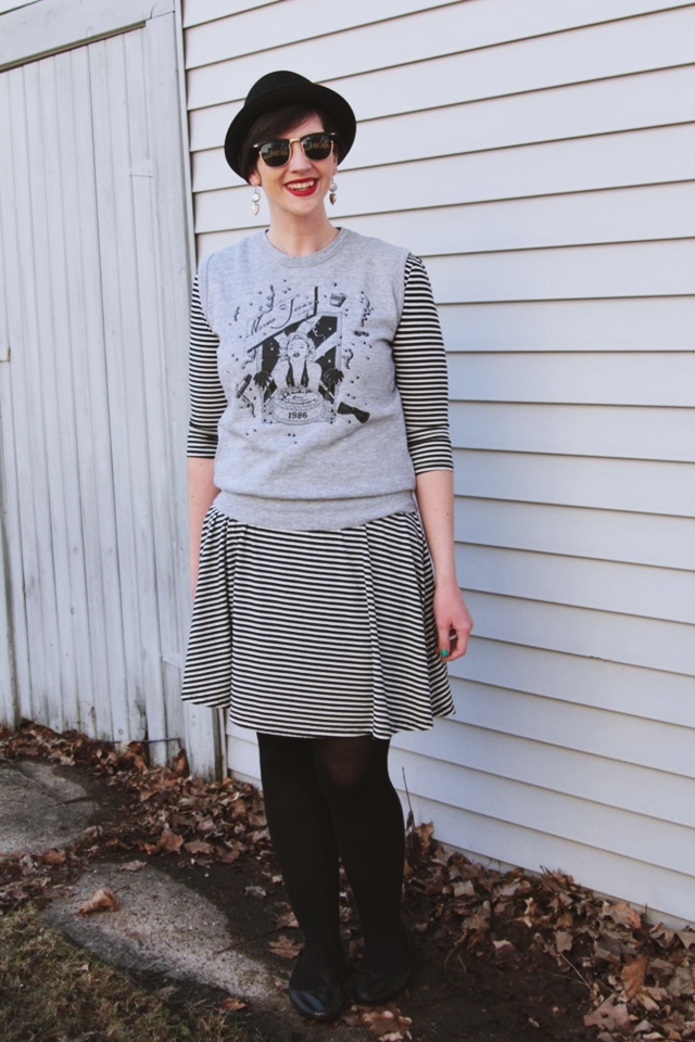 Outfit: Striped dress, gray Marilyn Monroe sweater vest, red lipstick. 14 Best Outfits of 2014 hannah rupp the outfit repeater thrifted fashion clothes