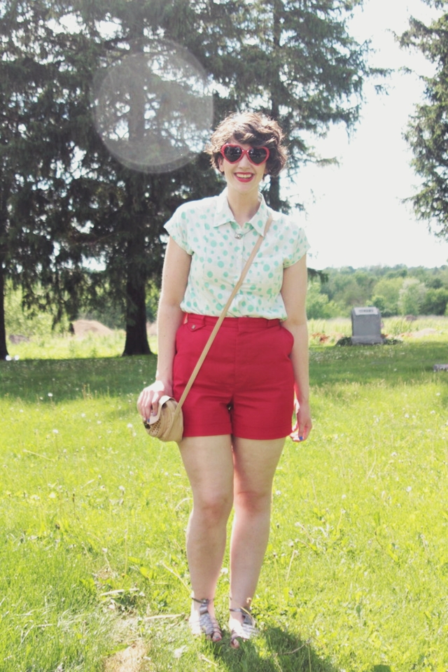 Outfit: Teal polka dot top, red high waisted short, heart sunglasses. 14 Best Outfits of 2014 hannah rupp the outfit repeater thrifted fashion clothes