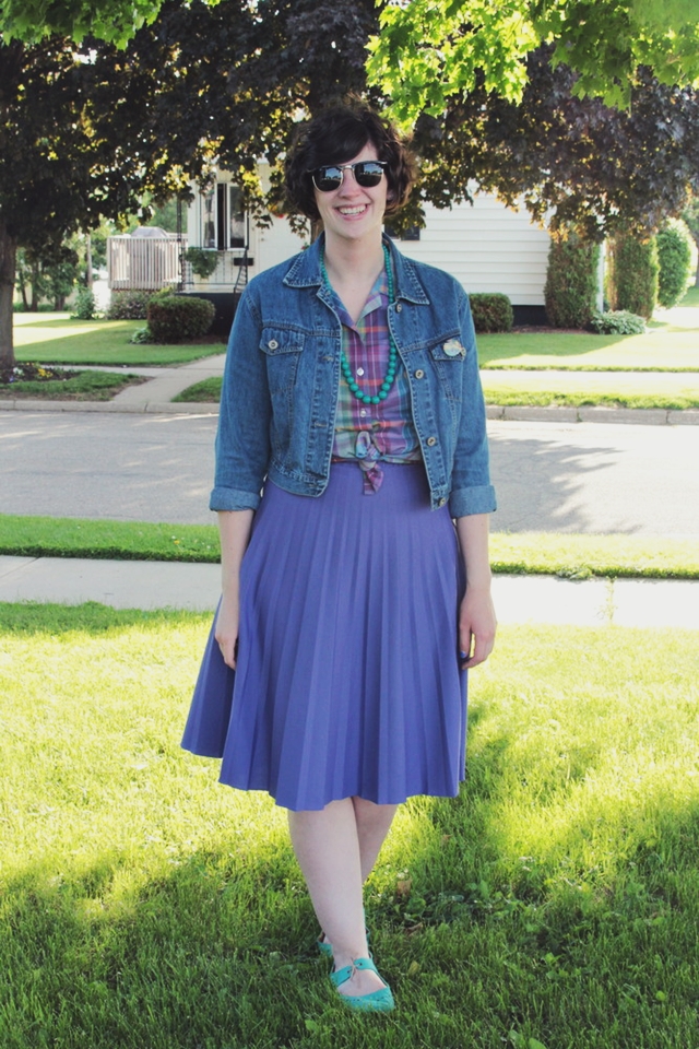 Outfit: Purple skirt, matching plaid top, vintage pins on denim jacket. 14 Best Outfits of 2014 hannah rupp the outfit repeater thrifted fashion clothes