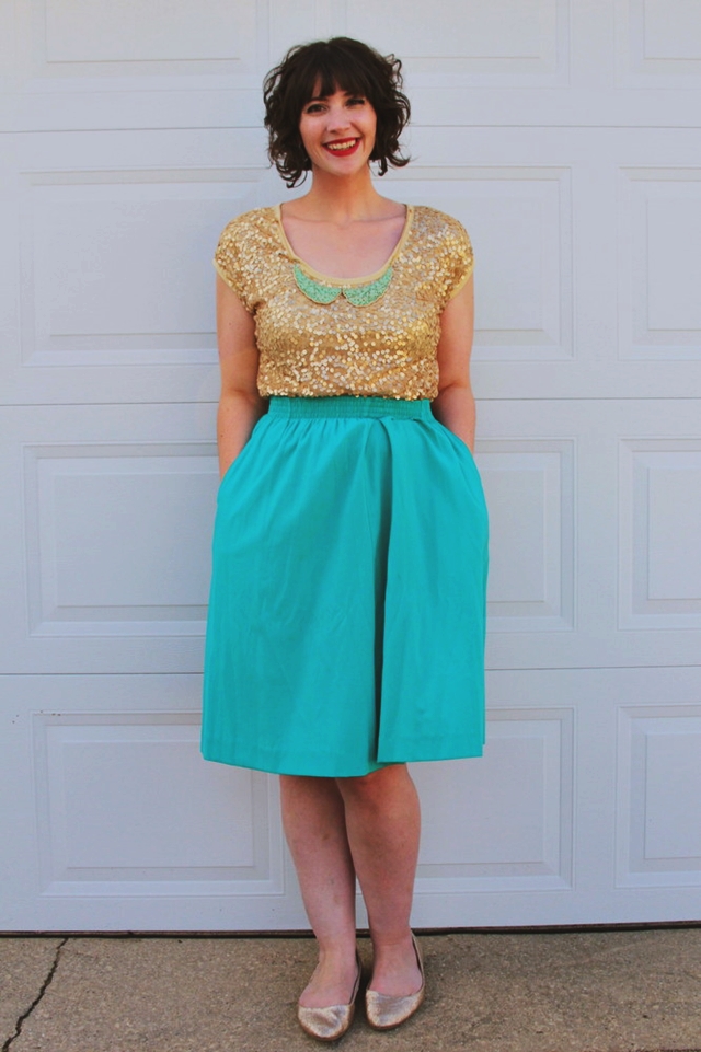 Outfit: Gold sequin tee, teal skirt, looks like a mermaid. 14 Best Outfits of 2014 hannah rupp the outfit repeater thrifted fashion clothes