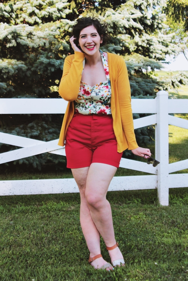Outfit: Floral halter top, red high waisted shorts, vintage vibes. 14 Best Outfits of 2014 hannah rupp the outfit repeater thrifted fashion clothes