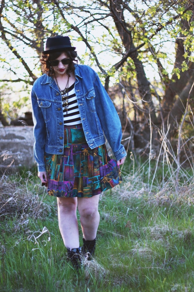 hannah rupp the outfit repeater Striped tee colorful skirt denim jacket fake Doc Martens dark lipstick