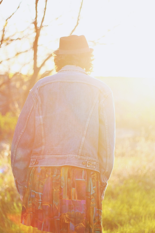 hannah rupp the outfit repeater Striped tee colorful skirt denim jacket fake Doc Martens dark lipstick