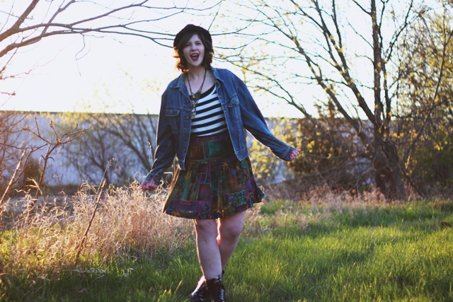 hannah rupp the outfit repeater Striped tee colorful skirt denim jacket fake Doc Martens dark lipstick