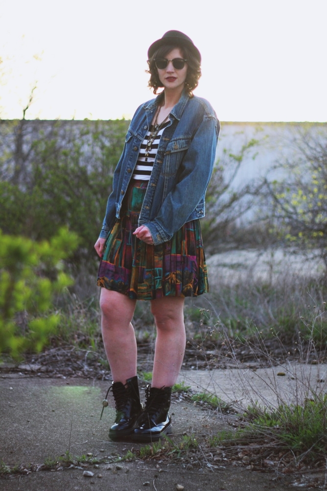 hannah rupp the outfit repeater Striped tee colorful skirt denim jacket fake Doc Martens dark lipstick