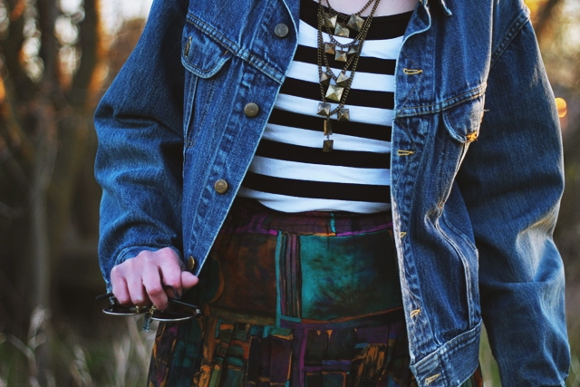 hannah rupp the outfit repeater Striped tee colorful skirt denim jacket fake Doc Martens dark lipstick