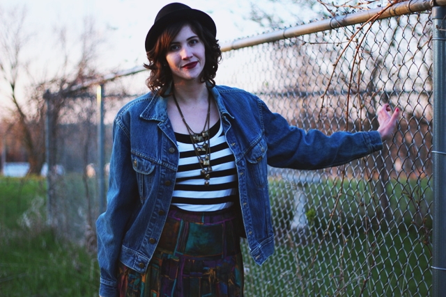hannah rupp the outfit repeater Striped tee colorful skirt denim jacket fake Doc Martens dark lipstick