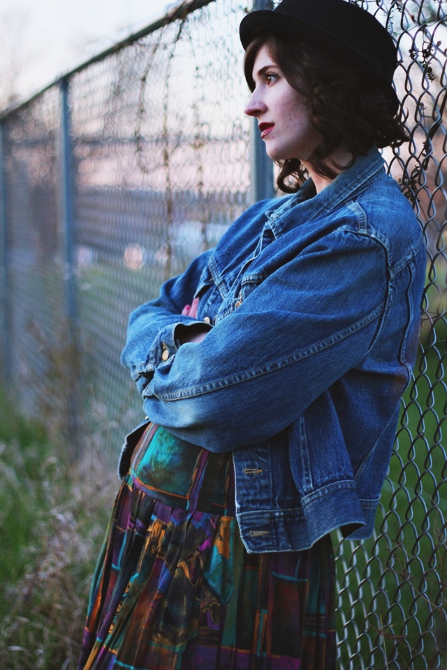 hannah rupp the outfit repeater Striped tee colorful skirt denim jacket fake Doc Martens dark lipstick