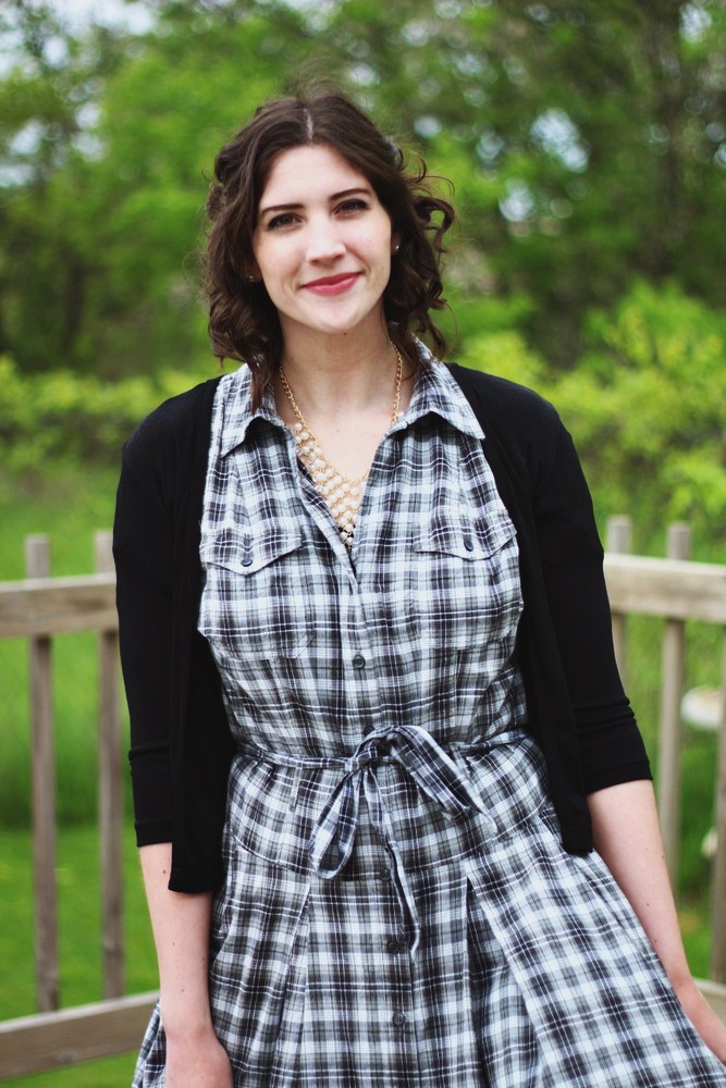 Thrifted plaid dress and pearls for Mother's Day