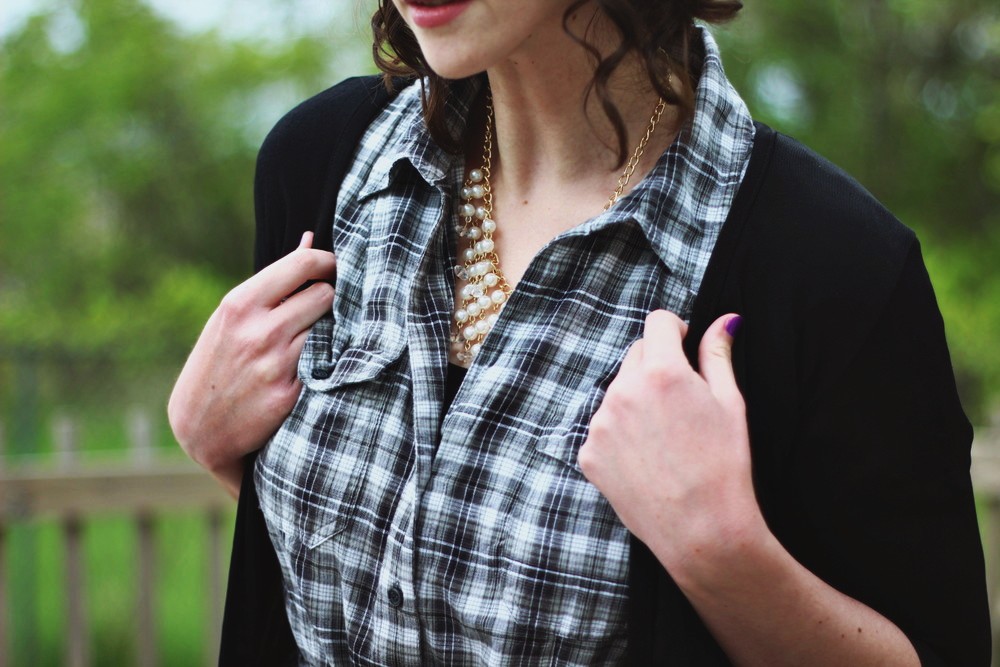 Thrifted plaid dress and pearls for Mother's Day