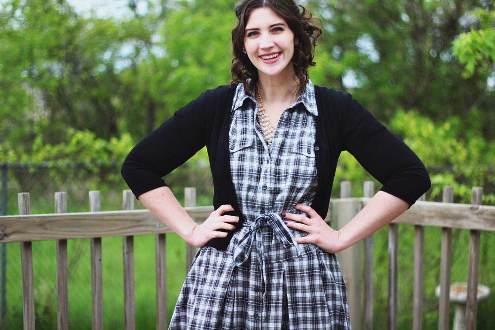 Thrifted plaid dress and pearls for Mother's Day