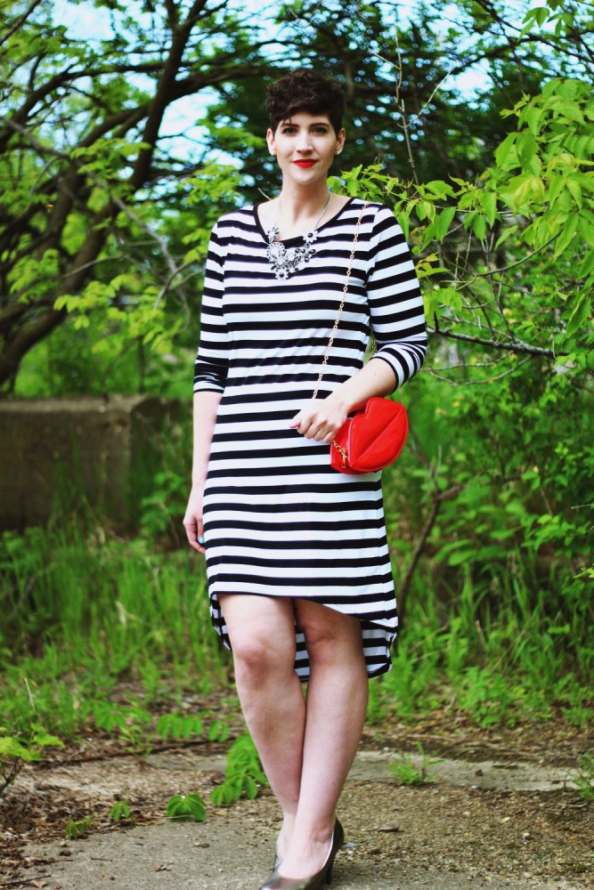 hannah rupp the outfit repeater striped dress red lipstick power women feminist pixie haircut