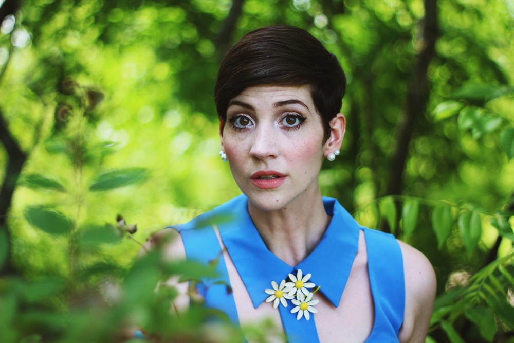 hannah rupp the outfit repeater mod 1960s Cherry Velvet collared dress vintage daisy broach Twiggy haircut makeup