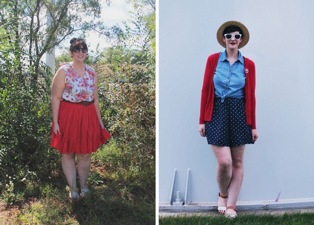 10 Outfits That Will Inspire You For Summer | The Outfit Repeater summer outfit ideas full red skirt and floral tank top, blue polka dot shorts for 4th of july