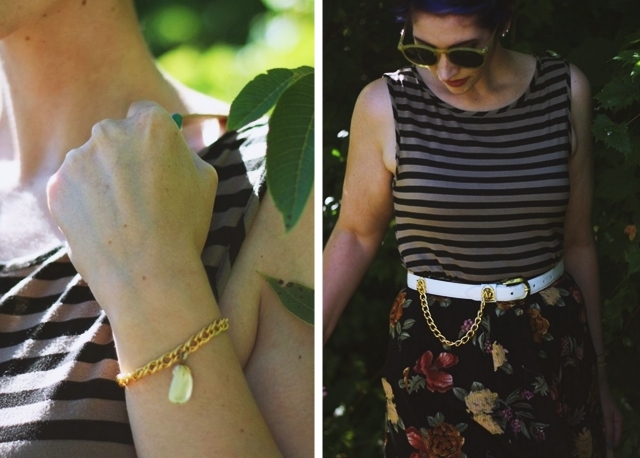 Fall outfit details: Striped tank top, dark floral print skirt, small beige purse, white and gold lion head belt, purple pixie haircut