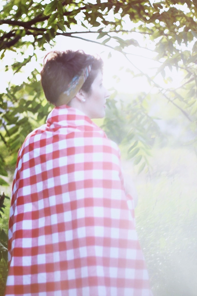 Outfit details: red checkered picnic blanket, vintage head scarf