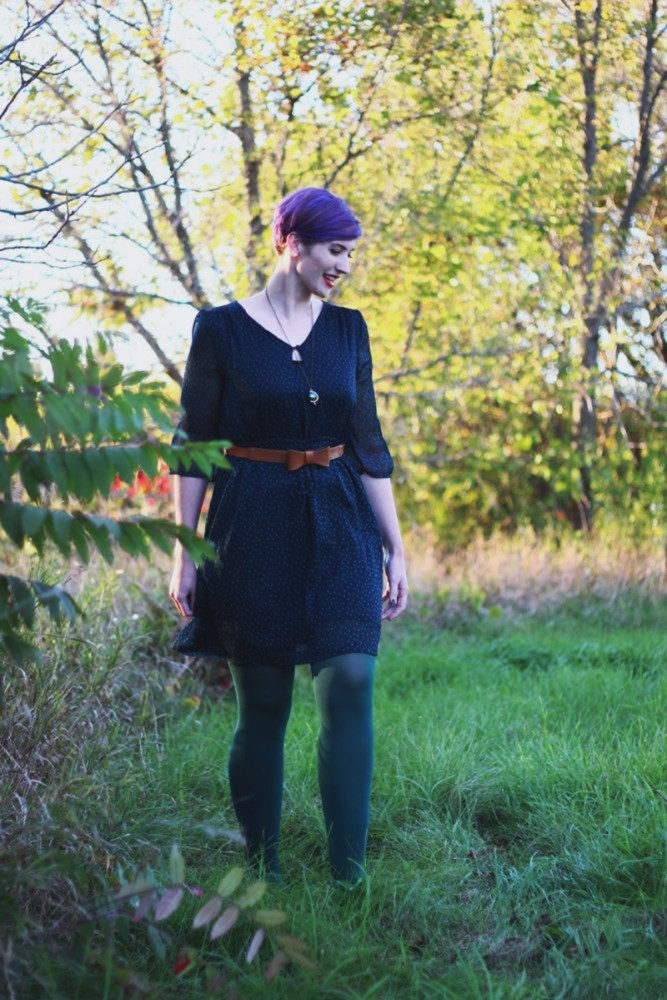 Wearing ALL The Fall Colors! | The Outfit Repeater Outfit: Navy blue dress, forest green tights, cognac bow belt, red lipstick, purple pixie cut