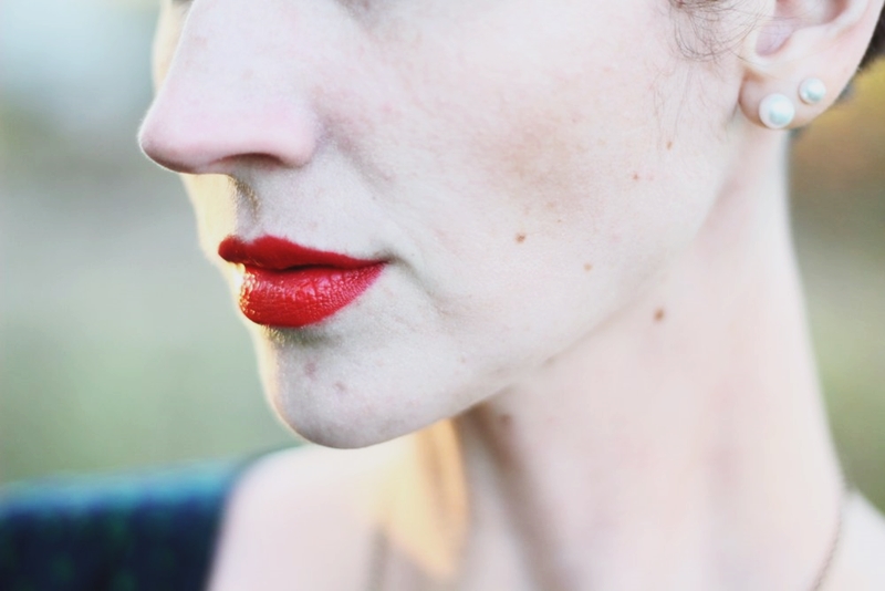 Wearing ALL The Fall Colors! | The Outfit Repeater Makeup close up outfit details: JuJu Amulette by NYX red lipstick from Ulta