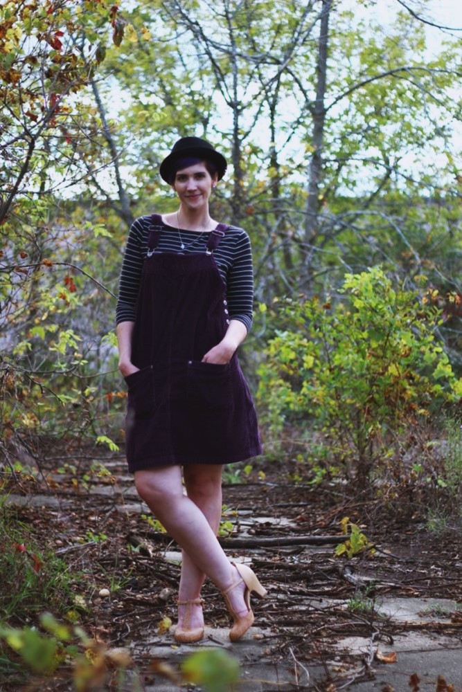 Outfit: Black & white breton striped top, purple corduroy dress, nude t-strap heels, black pork pie hat, reflective sunglasses