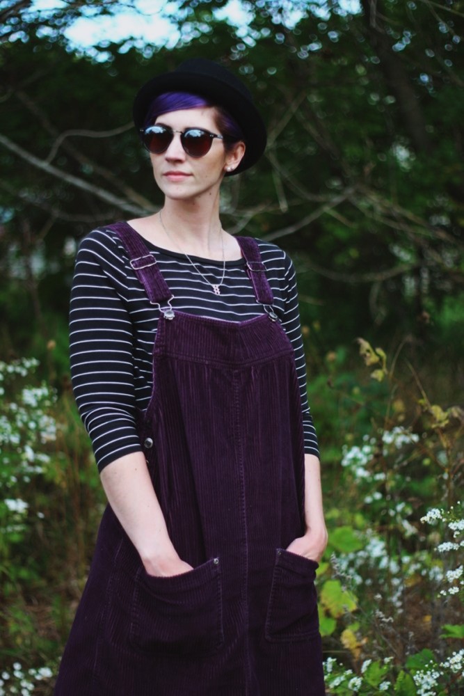Outfit: Black & white breton striped top, purple corduroy dress, black pork pie hat, reflective sunglasses