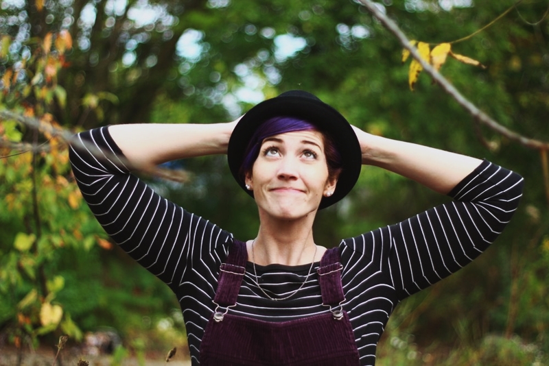Outfit details: Black & white breton striped top, purple corduroy dress, black pork pie hat, 