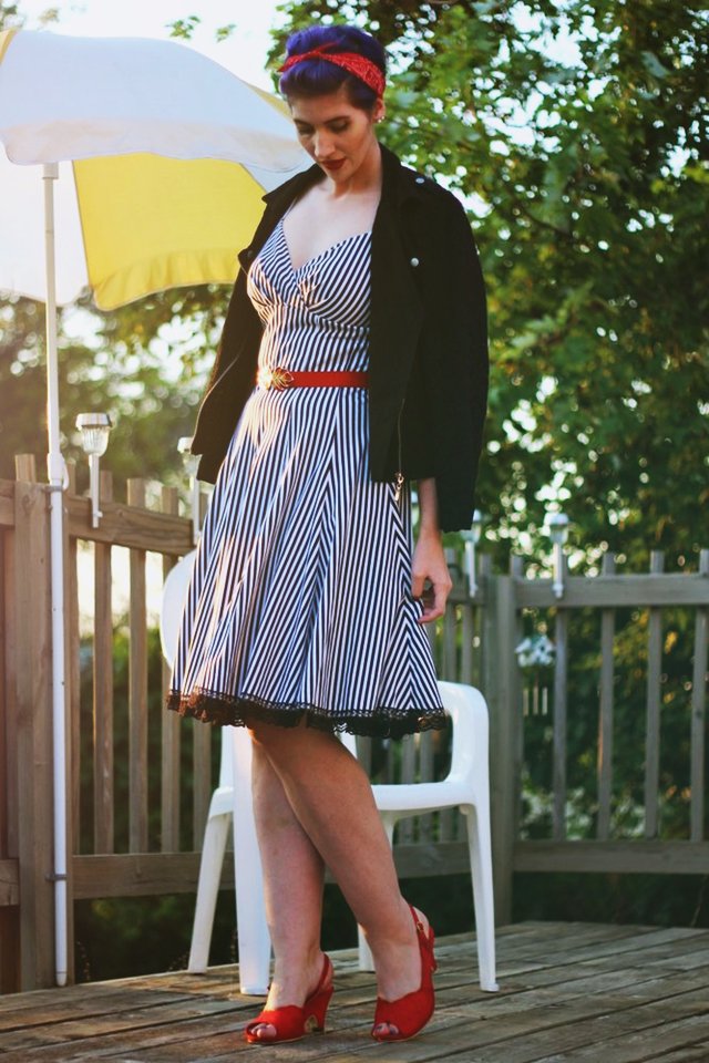 A Cheap Date Outfit | The Outfit Repeater Outfit: Striped retro style dress, black moto jacket, red kitten heels, vintage red belt, red bandana, purple pixie cut