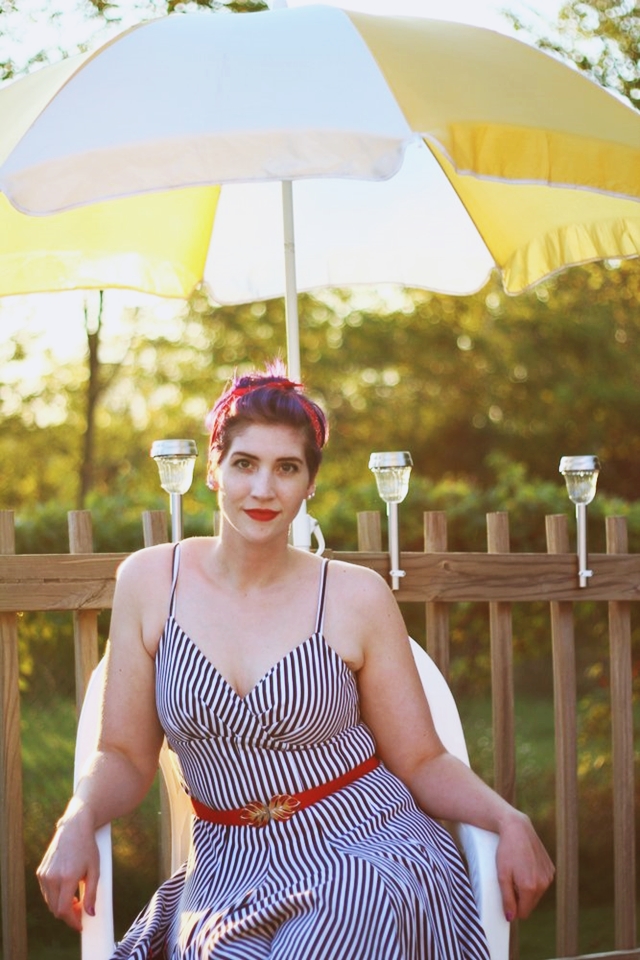 A Cheap Date Outfit | The Outfit Repeater Outfit: Striped retro style dress, black moto jacket, red kitten heels, vintage red belt, red bandana, purple pixie cut