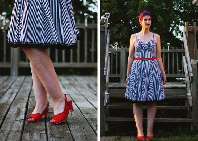 Outfit: Striped retro style dress, black moto jacket, red kitten heels, vintage red belt, red bandana, purple pixie cut