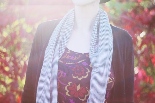 Outfit details: purple autumn leaf print dress thrifted, black and white houndstooth infinity scarf, long black Wal-Mart cardigan