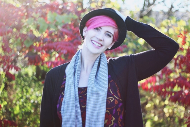 Outfit: autumn leaf print purple dress, long black Wal-Mart cardigan, houndstooth infinity scarf, black ASOS pork pie hat, bright pink pixie cut