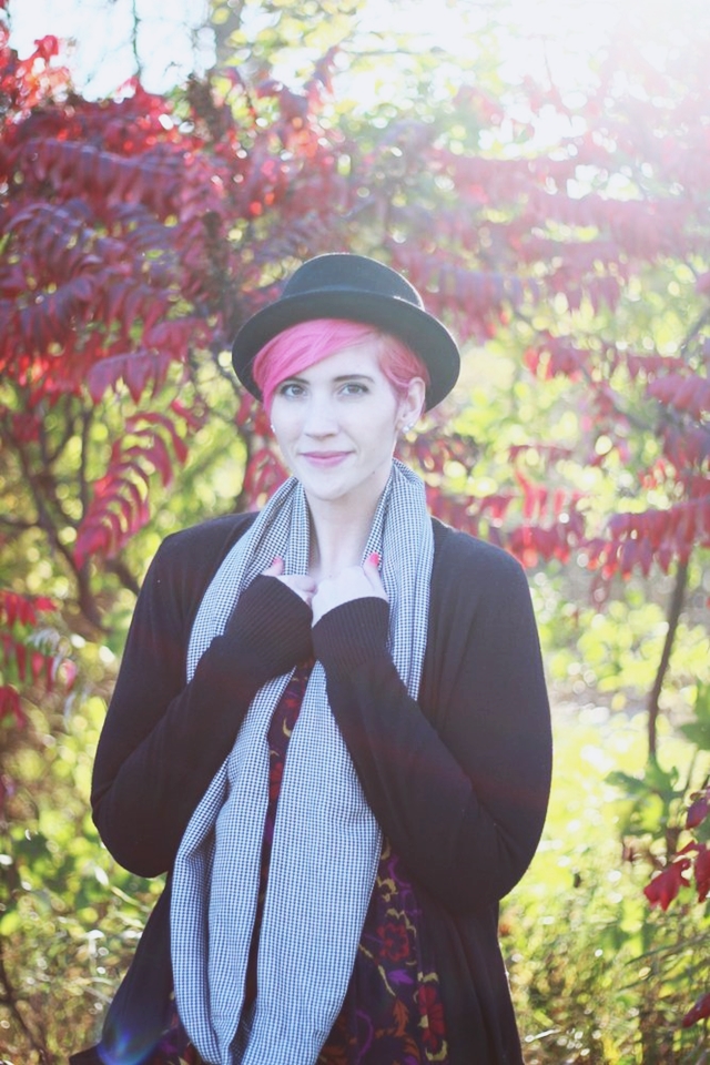 Outfit: autumn leaf print purple dress, long black Wal-Mart cardigan, houndstooth infinity scarf, black ASOS pork pie hat, bright pink pixie cut