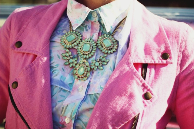 Outfit details: $1 Wal-Mart Statement necklace, pepto pink moto jacket, '80s floral button up