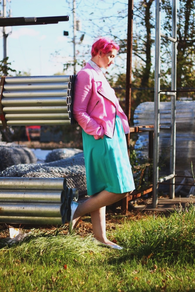 Outfit: Pink moto jacket, vintage floral button up, teal skirt, statement necklace, silver flats, pink pixie cut