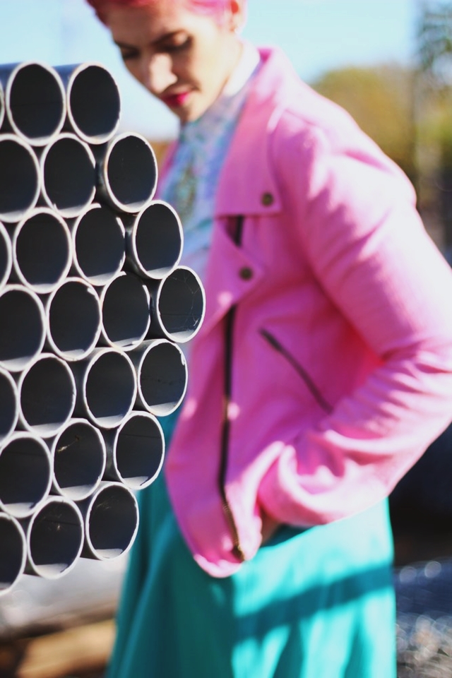 Outfit: Pink moto jacket, vintage floral button up, teal skirt, statement necklace, silver flats, pink pixie cut