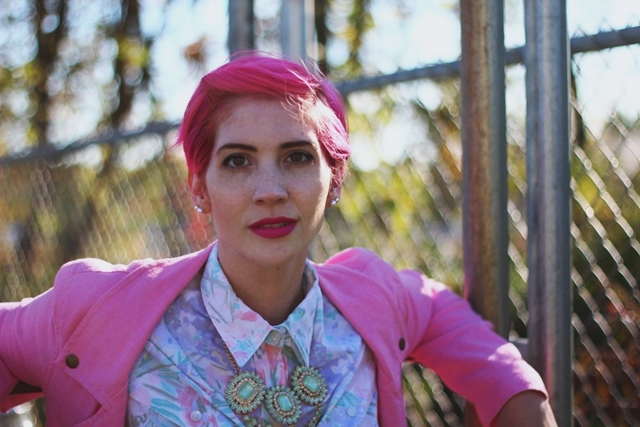 Outfit: Pink moto jacket, vintage floral button up, teal skirt, statement necklace, silver flats, pink pixie cut