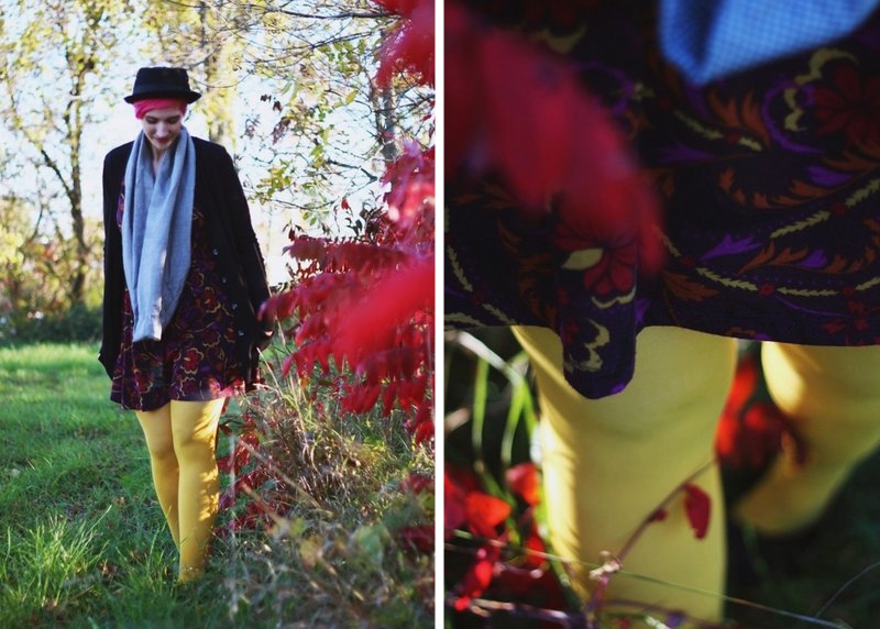 Outfit: autumn leaf print purple dress, yellow gold WeLoveColors tights, long black Wal-Mart cardigan, houndstooth infinity scarf, black ASOS pork pie hat, bright pink pixie cut