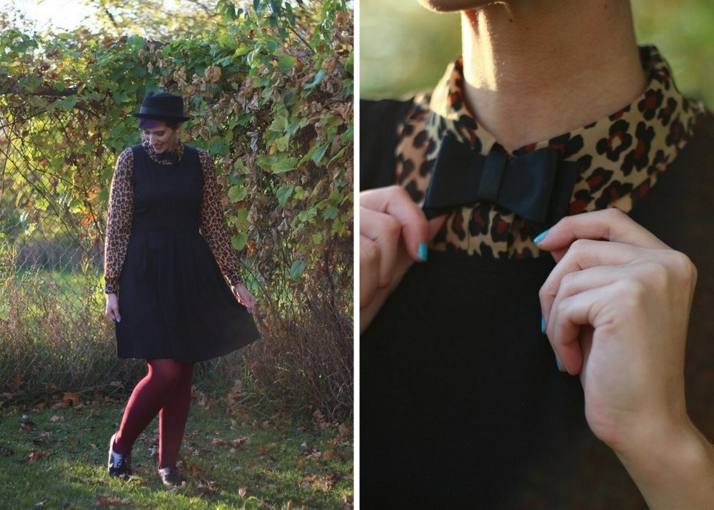 Outfit: leopard print blouse, black dress, burgundy tights, brogues, pork pie hat, DIY bow tie
