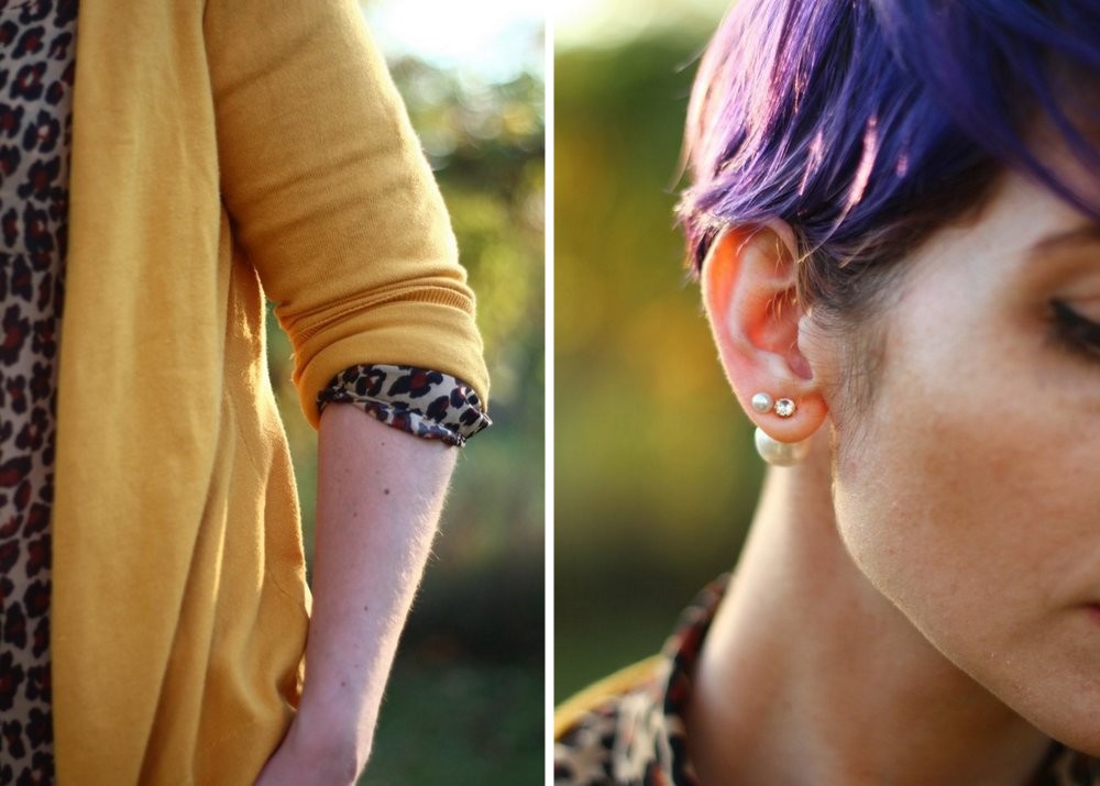 Outfit details: Leopard print blouse, mustard cardigan, purple pixie hair cut, Forever21 pearl ear jacket
