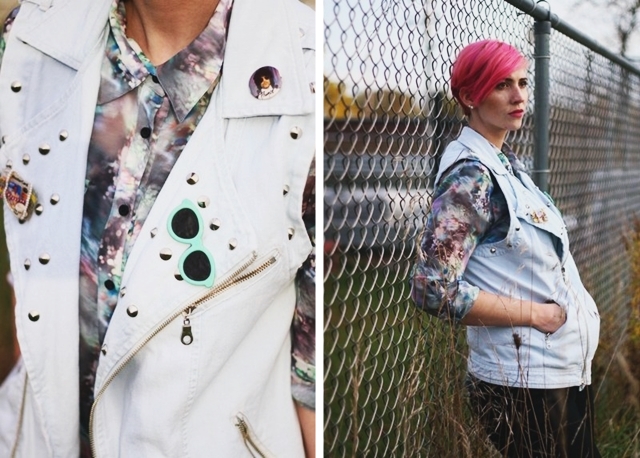 Outfit: thrifted printed top, studded biker style vest, black Rockstar Old Navy jeggings, fake Doc Marten Target boots, pink pixie cut, Wet'n'Wild lipstick in Mauve Outta Here