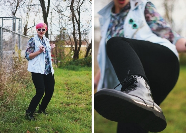 Outfit: thrifted printed top, studded biker style vest, black Rockstar Old Navy jeggings, fake Doc Marten Target boots, pink pixie cut, Wet'n'Wild lipstick in Mauve Outta Here