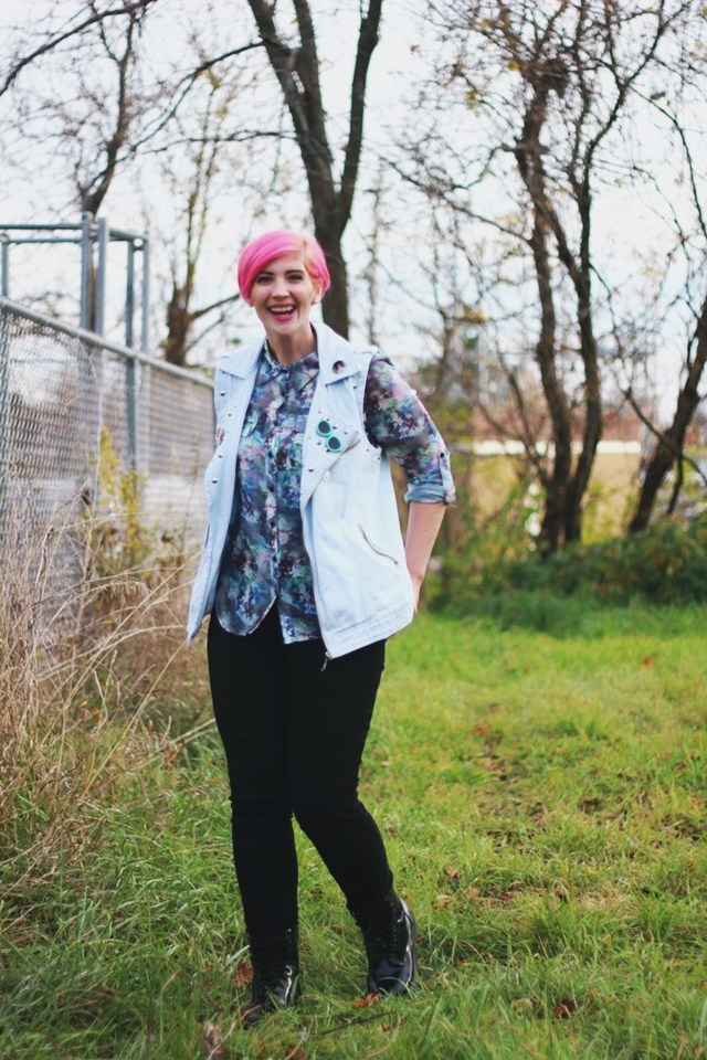 I'm A Black Friday Shopping Ninja | The Outfit Repeater Outfit: thrifted printed top, studded biker style vest, black Rockstar Old Navy jeggings, fake Doc Marten Target boots, pink pixie cut, Wet'n'Wild lipstick in Mauve Outta Here