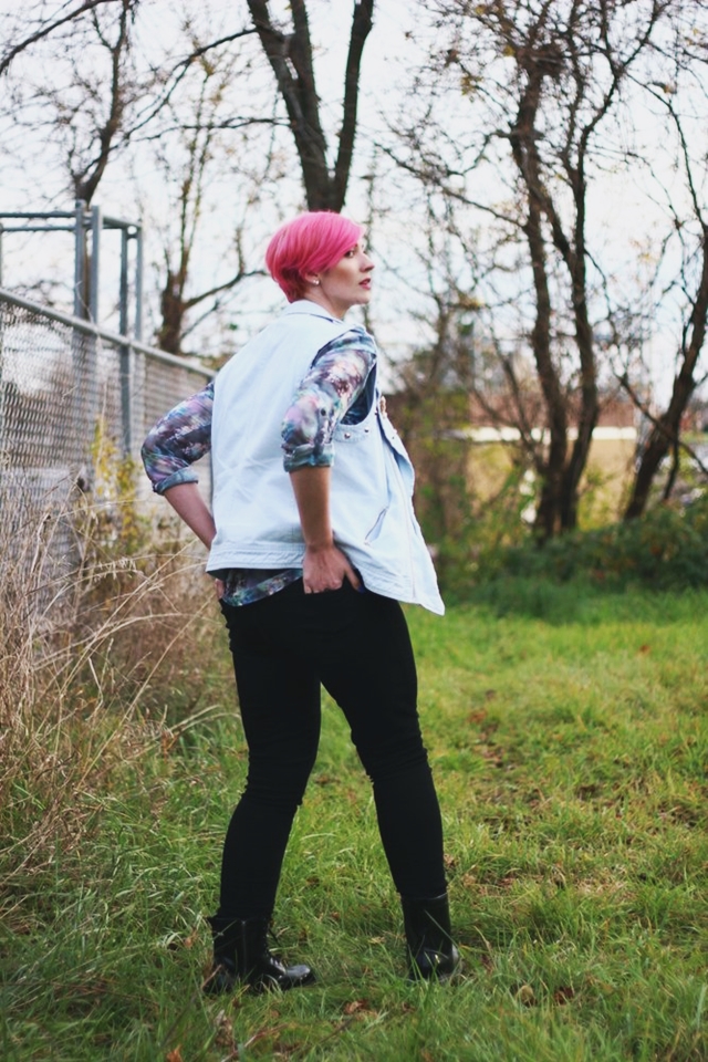 Outfit: thrifted printed top, studded biker style vest, black Rockstar Old Navy jeggings, fake Doc Marten Target boots, pink pixie cut, Wet'n'Wild lipstick in Mauve Outta Here