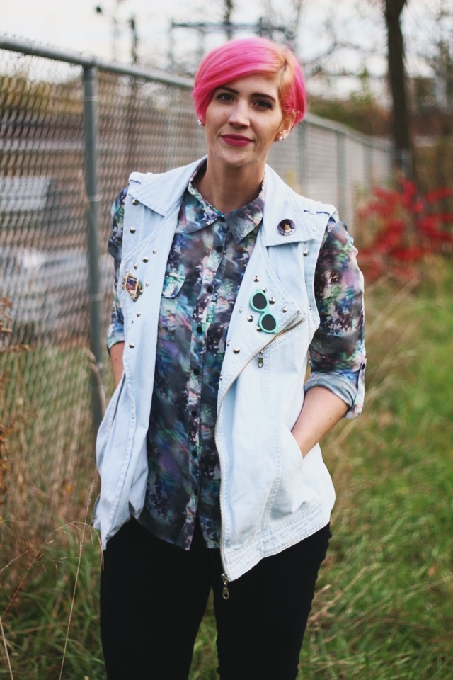 Outfit: thrifted printed top, studded biker style vest, black Rockstar Old Navy jeggings, fake Doc Marten Target boots, pink pixie cut, Wet'n'Wild lipstick in Mauve Outta Here