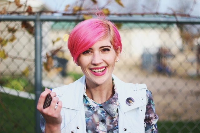 I'm A Black Friday Shopping Ninja | The Outfit Repeater Outfit: thrifted printed top, studded biker style vest, black Rockstar Old Navy jeggings, fake Doc Marten Target boots, pink pixie cut, Wet'n'Wild lipstick in Mauve Outta Here