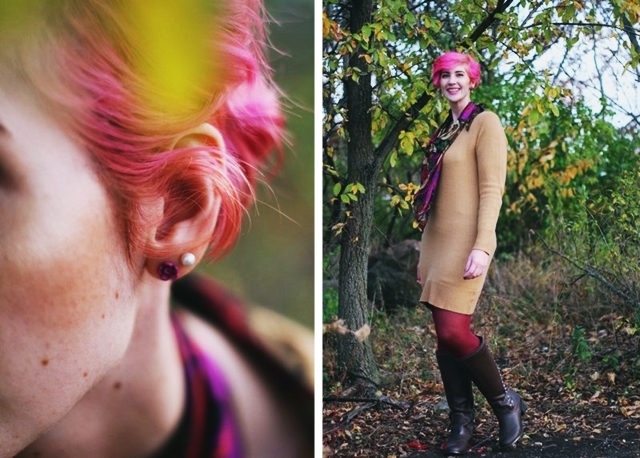Outfit: camel colored thrifted sweater dress, burgundy maroon tights, dark brown knee high boots, purple multi-colored scarf, curly bright pink pixie cut short hair