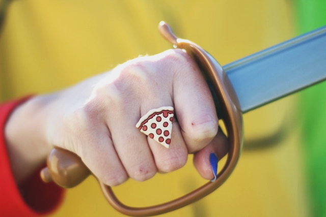 Halloween costume detail: handmade pepperoni pizza ring