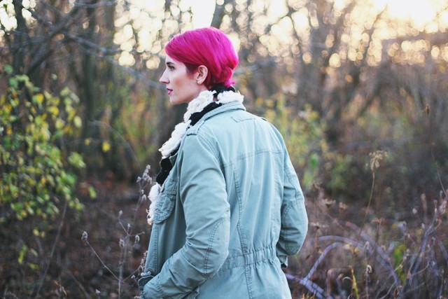 outfit: black and white floral dress, olive colored jacket, black tights, black fake doc martens, flower scarf, magenta pixie cut