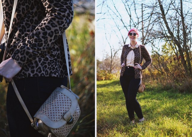 Outfit: Peach grandma blouse, leopard print cardigan, dark wash high waisted denim jeans, small beige ASOS purse, pink pixie cut