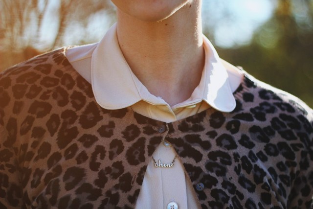 Outfit details: Leopard print cardigan, peach grandma Peter Pan collar blouse, gold shine necklace